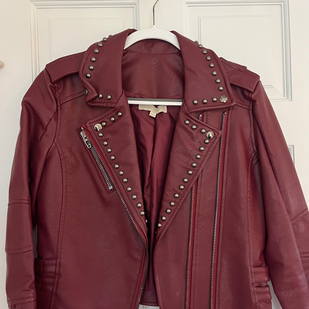 Dance & Marvel Burgundy Studded Faux Leather Moto Jacket
